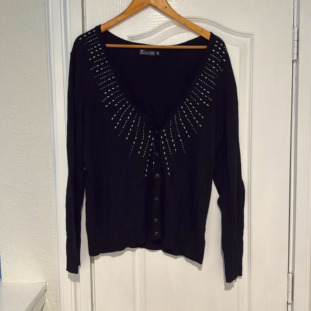 7th AVE DESIGN STUDIO Women Black Button Front Cardigan V Neck studded collar XL